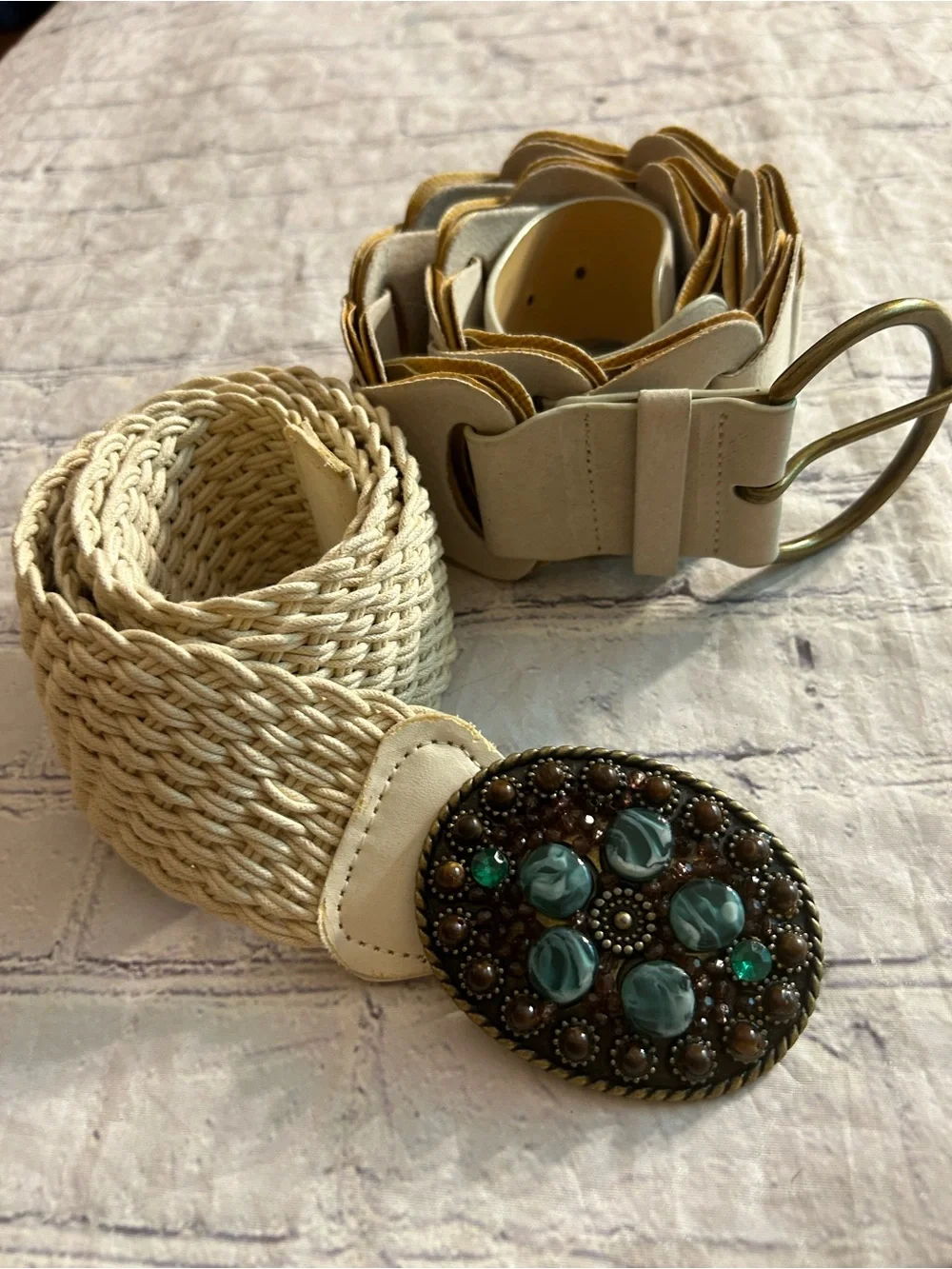 GENUINE LEATHER WITH FAUX BACK CHUNKY BEIGE WIDE AND JEWEL BUCKLE WOVEN BELTS